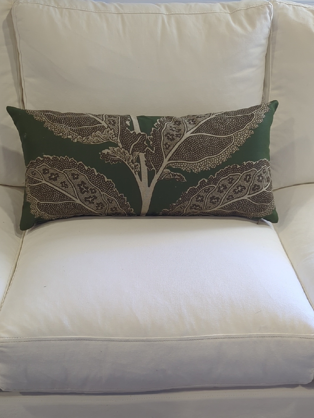 Green Botanical Lumbar Pillow Cover with Taupe Leaf Print